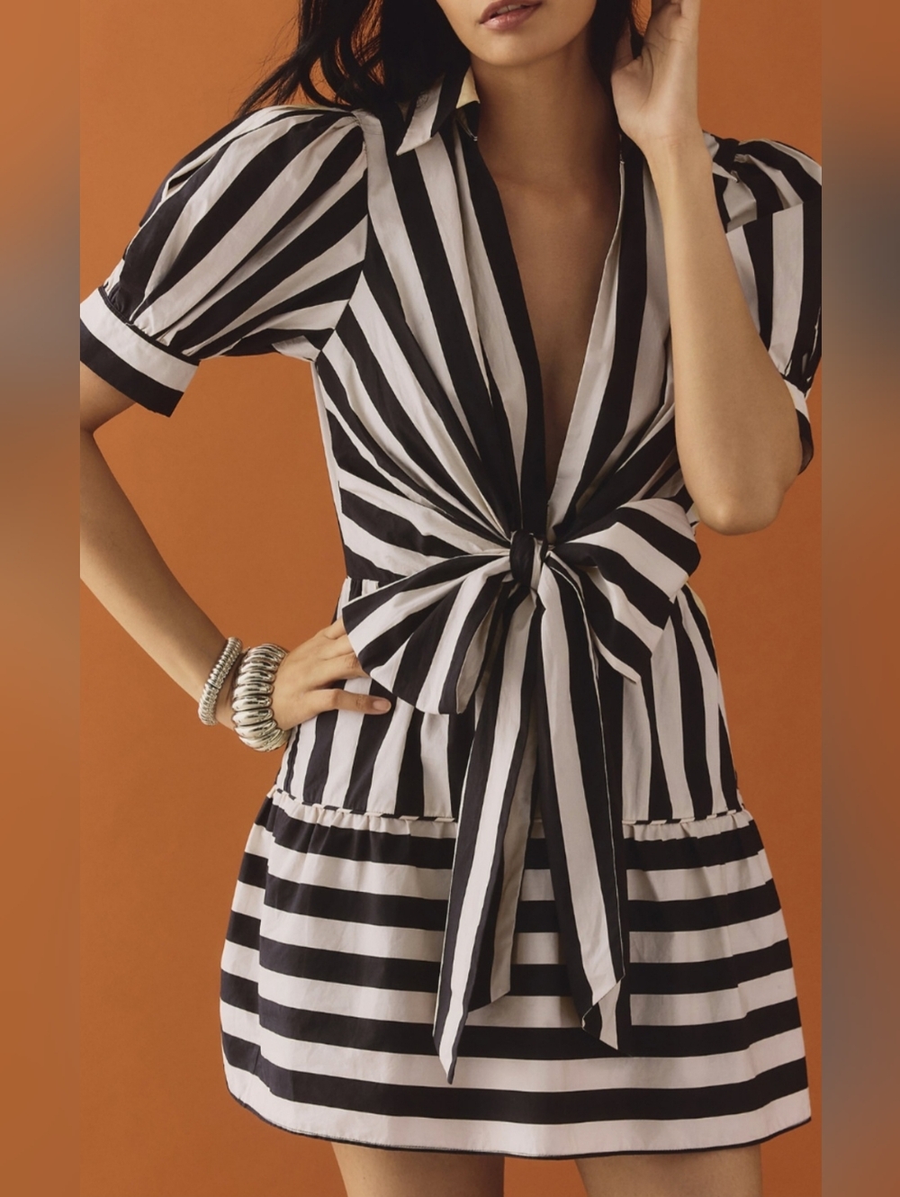 FARM Rio Black and White Striped Tie-Front Mini Dress